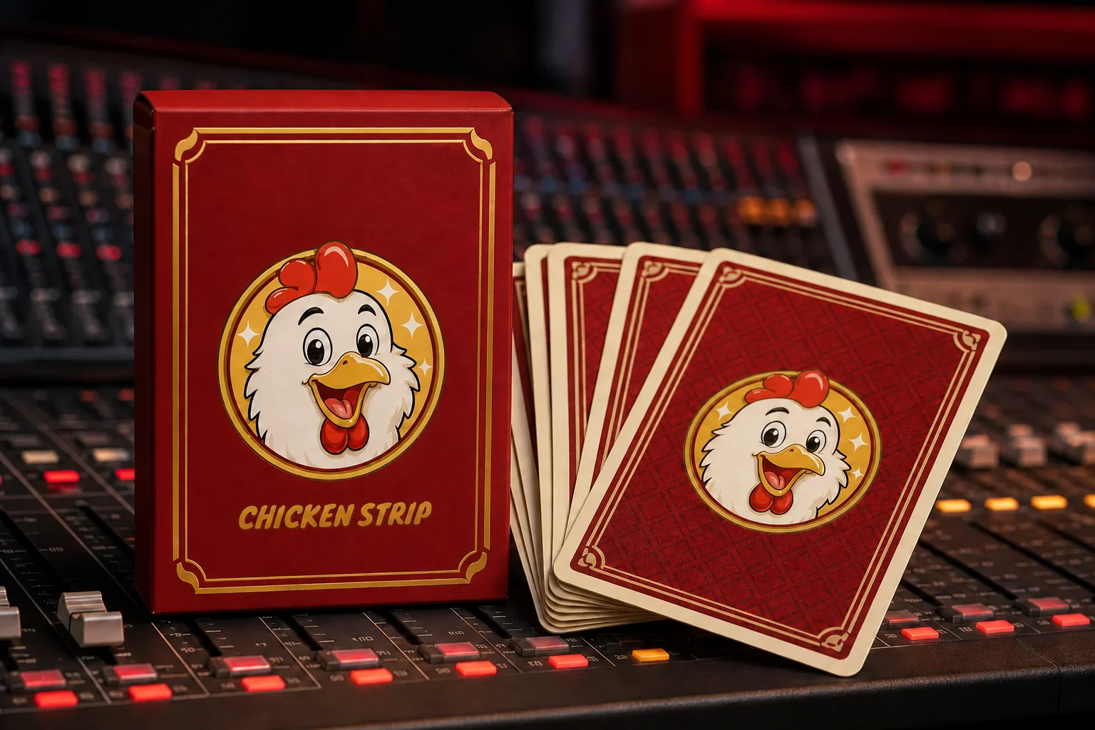 Deep red premium playing cards and tuck box with gold details, Chicken Strip badges and wordmark