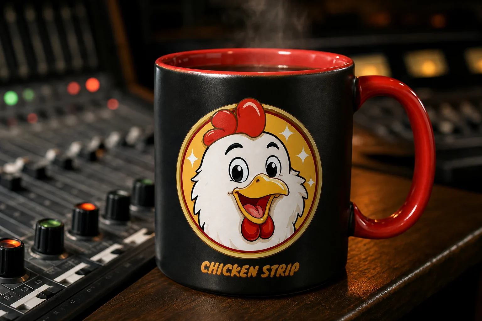 Black ceramic studio mug with a red interior, red handle, Chicken Strip badge and wordmark