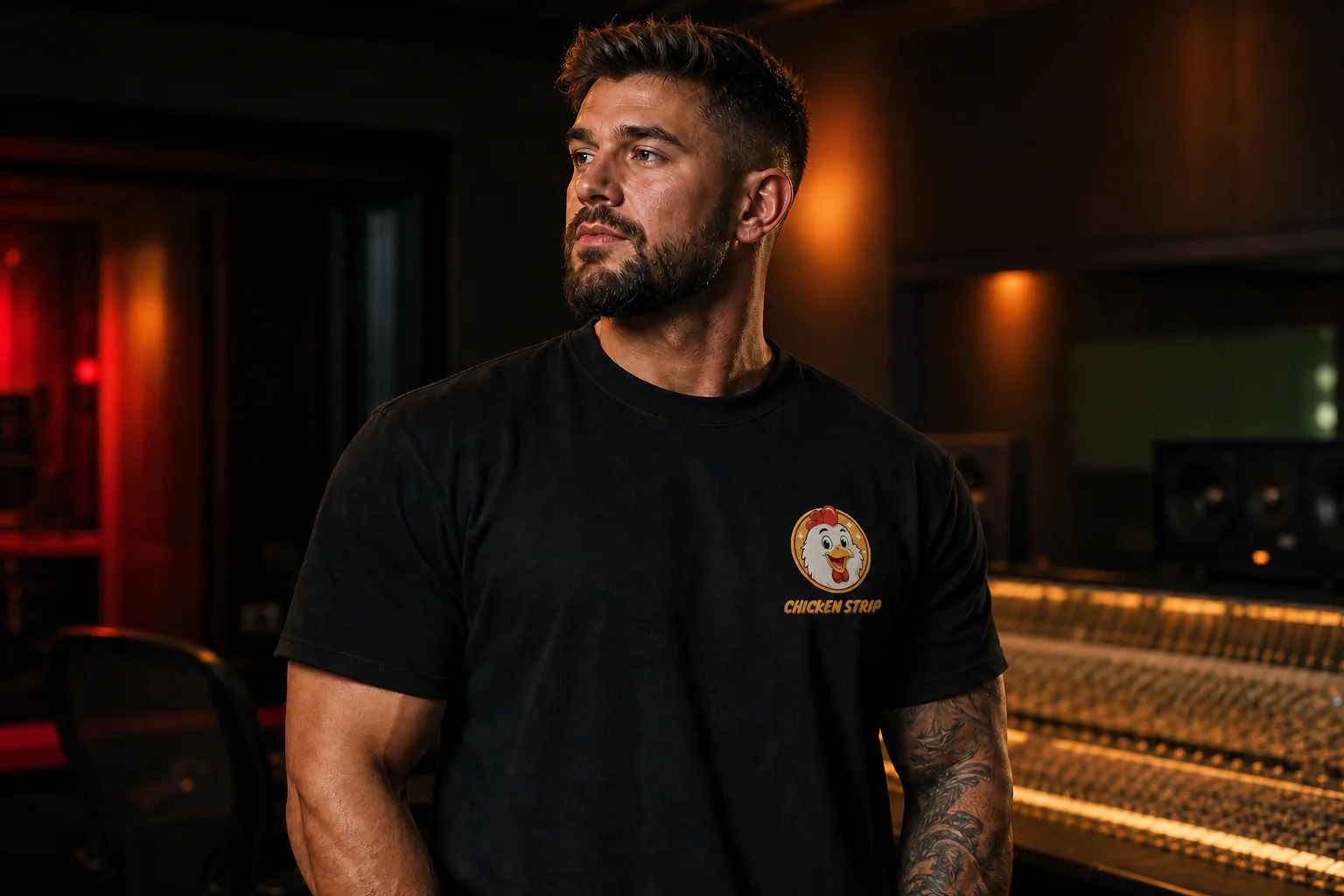 Muscular man wearing a heavyweight black T-shirt with a small Chicken Strip badge and wordmark
